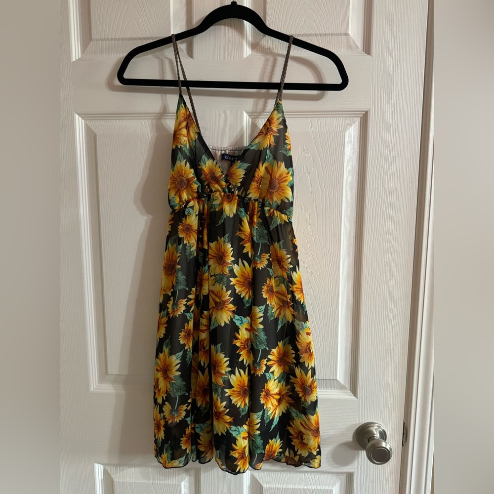 Sunflower Dress - lined w/ sunflower overlay and leather braided straps